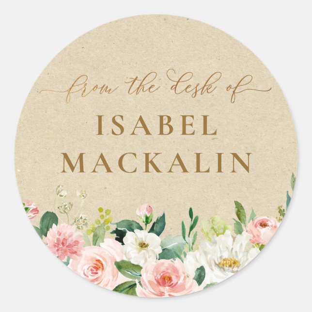 Sticker Rond Du Bureau De Blush Pink Floral & Rustic Kraft (Devant)