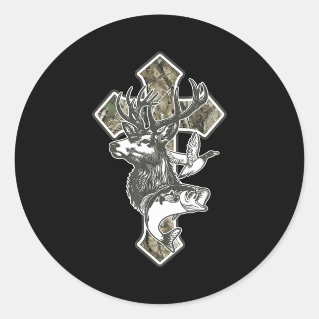 Sticker Rond Duck Deer Dove Camo Cross Christian Hello Hunting  (Devant)