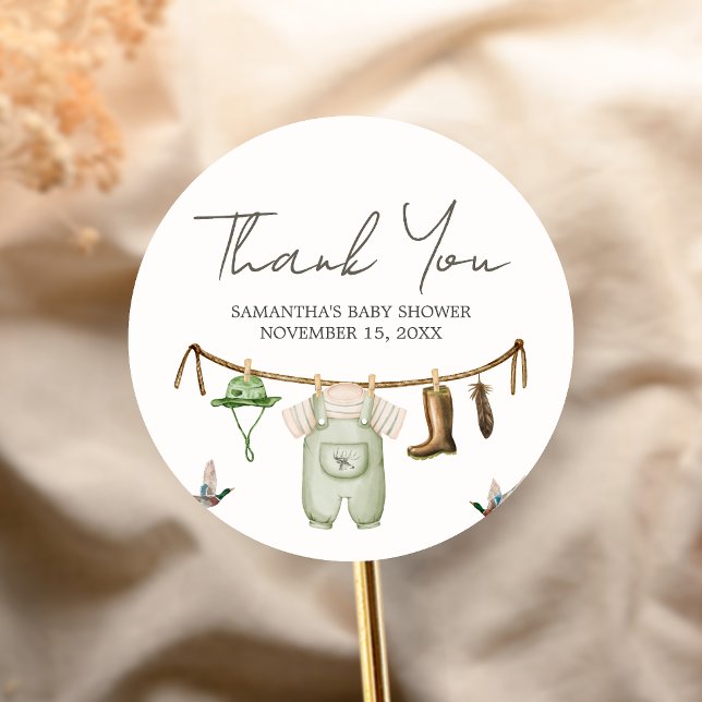 Sticker Rond Duck Hunting Baby Shower (Little Hunter Duck Baby Shower Sticker)