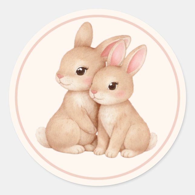 Sticker Rond Duo de lapins mignons Mère et bébé lapin Pâques (Devant)