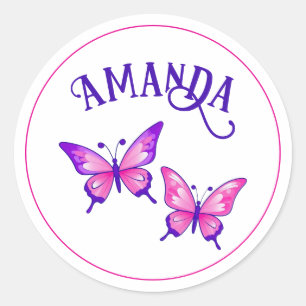 Sticker Rond Duo de papillon violet et rose avec nom