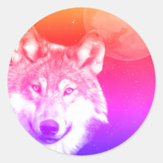 Sticker Rond Duotone Loup solitaire ciel étoilé lune de sang