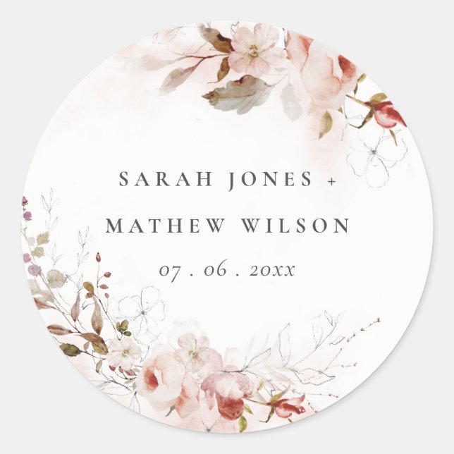 Sticker Rond Dusky Fall Marsala Blush Floral Wreath Mariage (Devant)