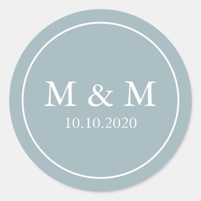Sticker Rond Dusty Bleu Élégant Mariage Monogramme classique (Devant)