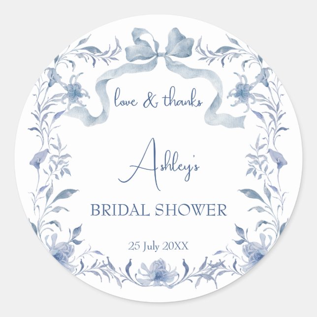 Sticker Rond Dusty bleu floral fleurie douche nuptiale faveur (Devant)