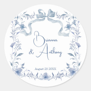 Sticker Rond Dusty bleu floral vert ruban élégant personnalisé