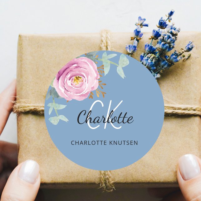 Sticker Rond Dusty bleu rose fleuri eucalyptus merci (Créateur téléchargé)