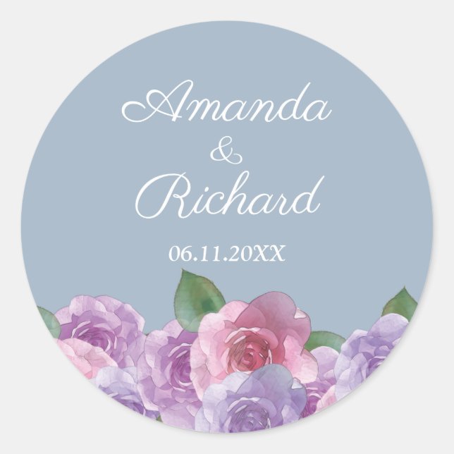 Sticker Rond Dusty bleu rose violet Mariage floral (Devant)