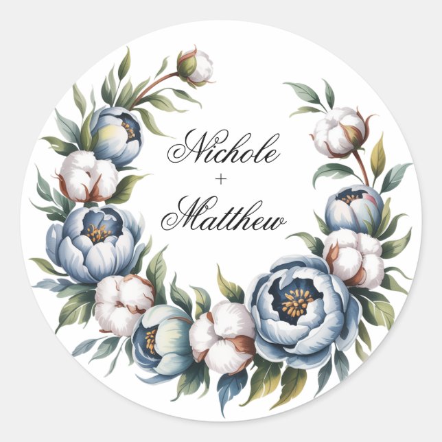 Sticker Rond Dusty Blue and Cotton Wedding (Devant)