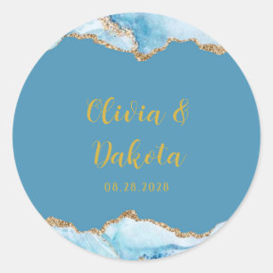 Sticker Rond Dusty Blue and Gold Agate Mariage personnalisé