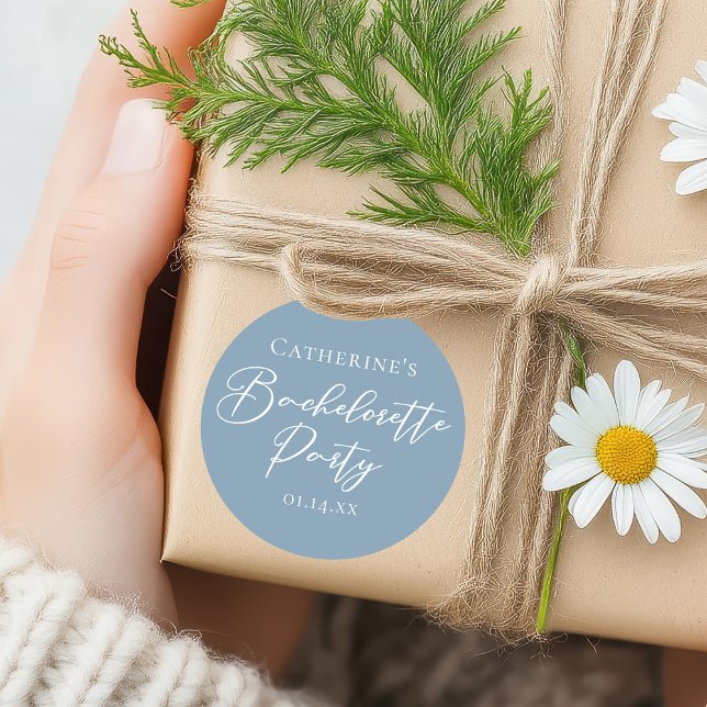 Sticker Rond Dusty Blue Bachelorette Party Custom White Script (Créateur téléchargé)