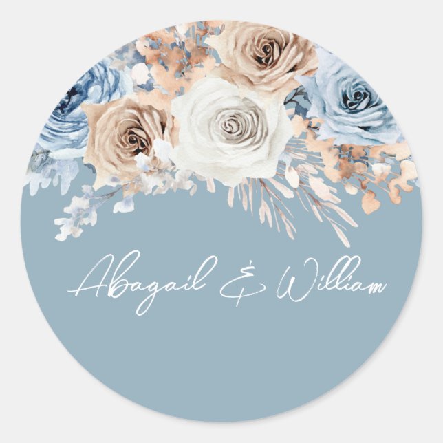 Sticker Rond Dusty Blue Bohemian Mariage Fiançailles (Devant)