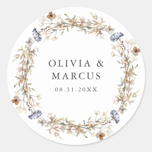Sticker Rond Dusty Blue Boho Fleur sauvage Mariage de couronne (Devant)