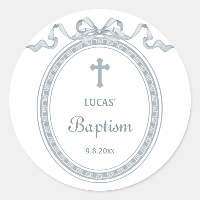 Sticker Rond Dusty Blue Bow Cadre grec Baptême (Devant)