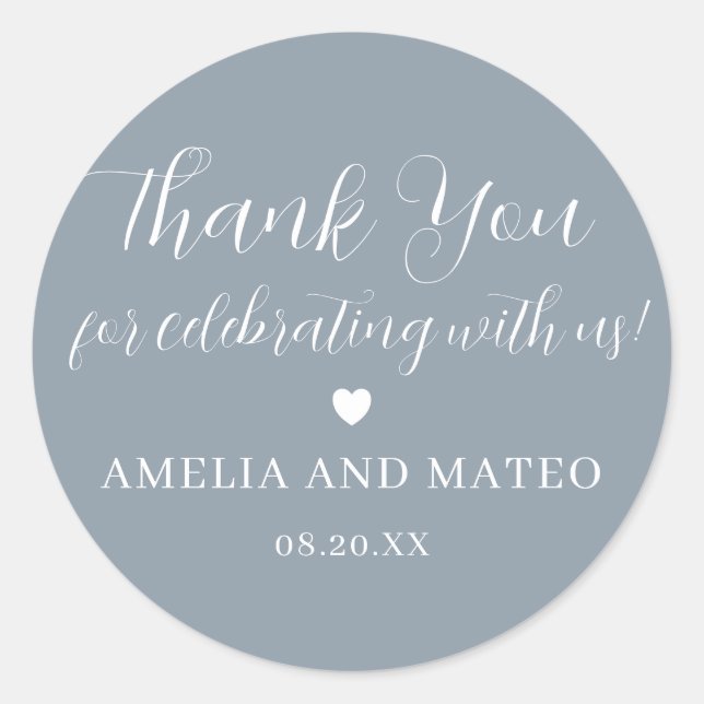 Sticker Rond Dusty Blue Calligraphy Mariage Favor Merci (Devant)