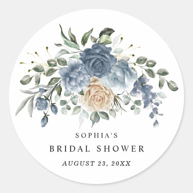 Sticker Rond Dusty Blue & Champagne Fleurs Robe de Mariée Showe (Devant)