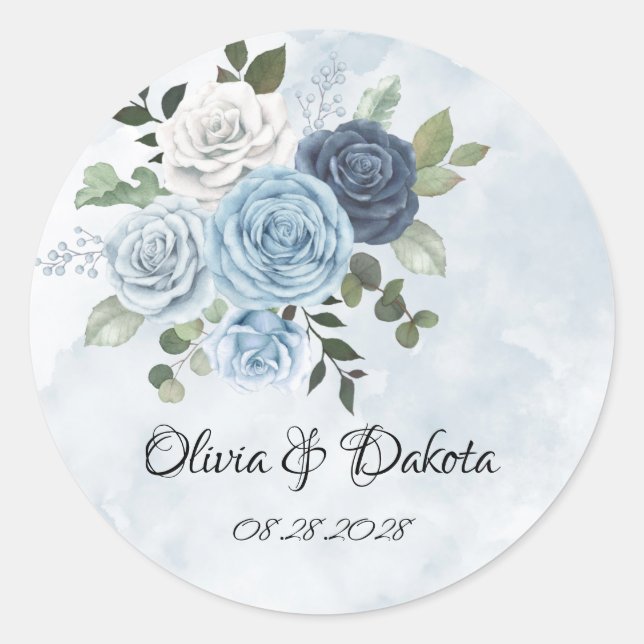 Sticker Rond Dusty Blue Chic Aquarelle Rustic Florals Mariage (Devant)