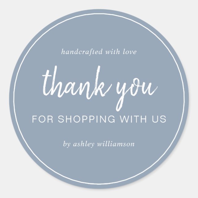 Sticker Rond Dusty Blue Chic Script Merci pour votre achat (Devant)