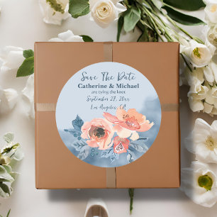 Sticker Rond Dusty Blue & Coral Rose Aquarelle Mariage Floral