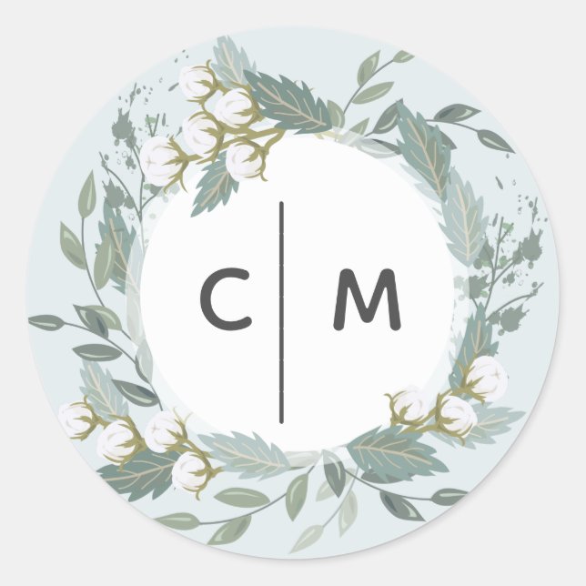 Sticker Rond Dusty Blue Cotton Garden Wreath Monogram Mariage (Devant)