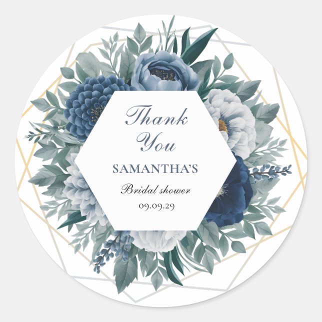 Sticker Rond Dusty Blue et marine Fleurs Robe de Mariée (Devant)