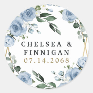 Sticker Rond Dusty Blue et or élégant Floral Rustic Mariage