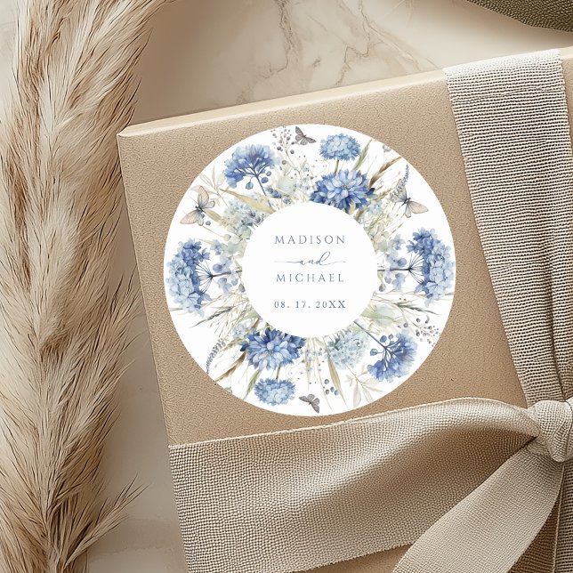 Sticker Rond Dusty Blue Fleur sauvage Floral Boho Mariage (Créateur téléchargé)