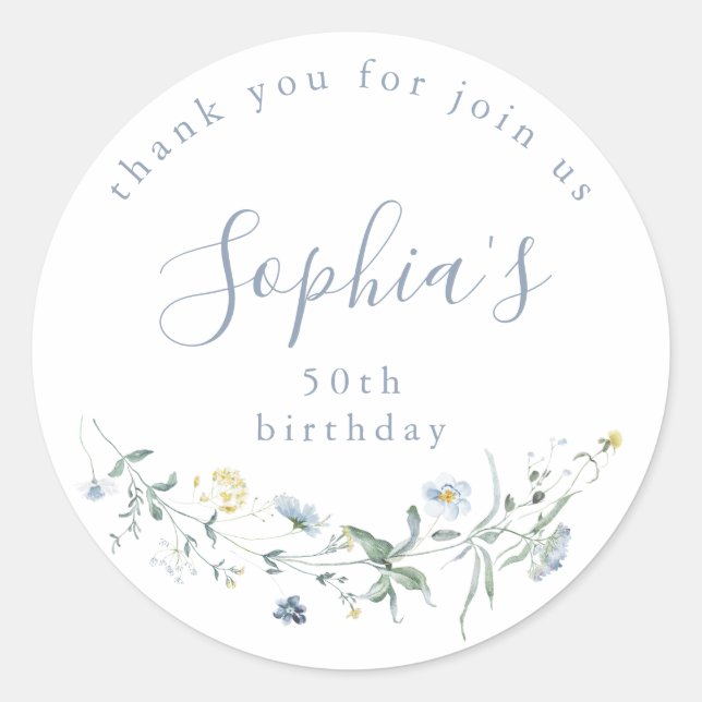 Sticker Rond Dusty Blue Fleur sauvage Rustic Boho Anniversaire  (Devant)