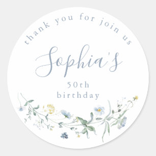 Sticker Rond Dusty Blue Fleur sauvage Rustic Boho Anniversaire
