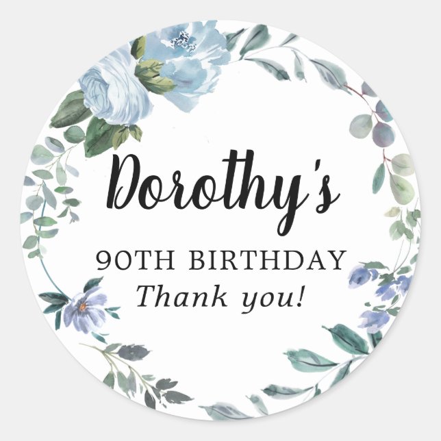 Sticker Rond Dusty Blue Floral 90e anniversaire Merci (Devant)