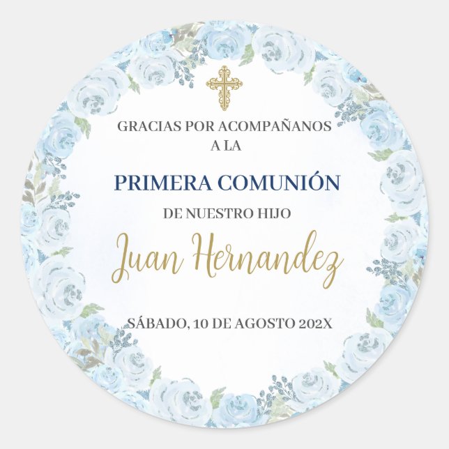 Sticker Rond Dusty Blue Floral First Comunion Invitation (Devant)