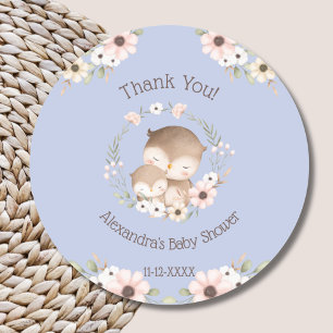 Sticker Rond Dusty Blue Floral Forest Owl Baby shower Merci