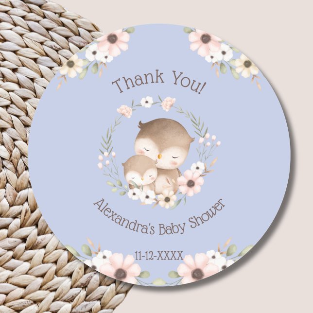 Sticker Rond Dusty Blue Floral Forest Owl Baby shower Merci (Créateur téléchargé)