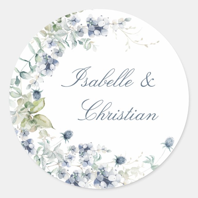 Sticker Rond Dusty Blue Floral Mariage (Devant)