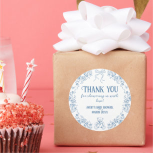 Sticker Rond Dusty Blue Floral Vintage Teddy Bear Baby shower