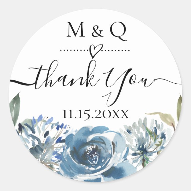 Sticker Rond Dusty Blue Floral Wedding Favoriser le Merci (Devant)