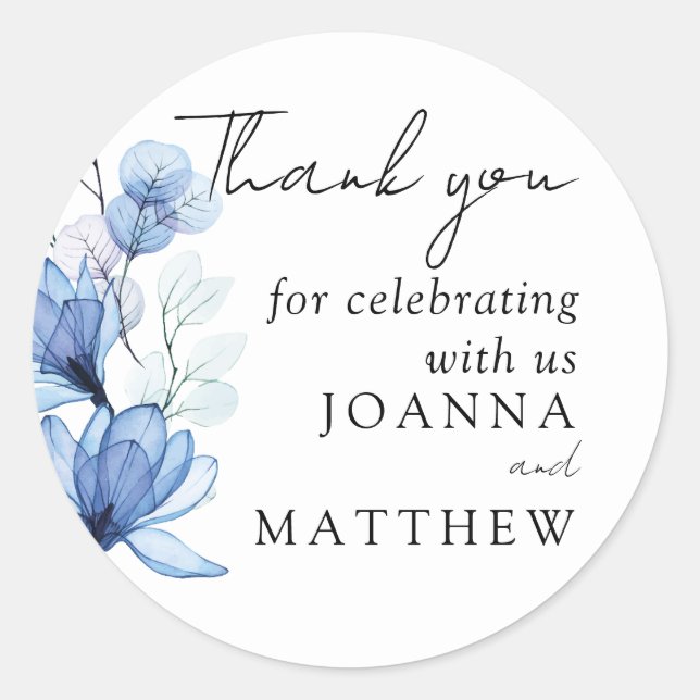 Sticker Rond Dusty Blue Floral Wedding Favoriser le Merci (Devant)