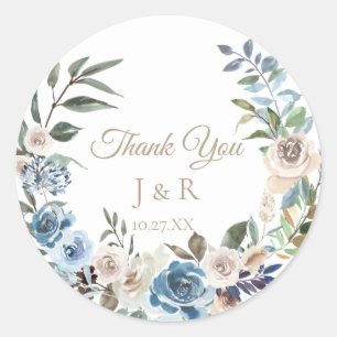 Sticker Rond Dusty Blue Floral Wreath Mariage personnalisé