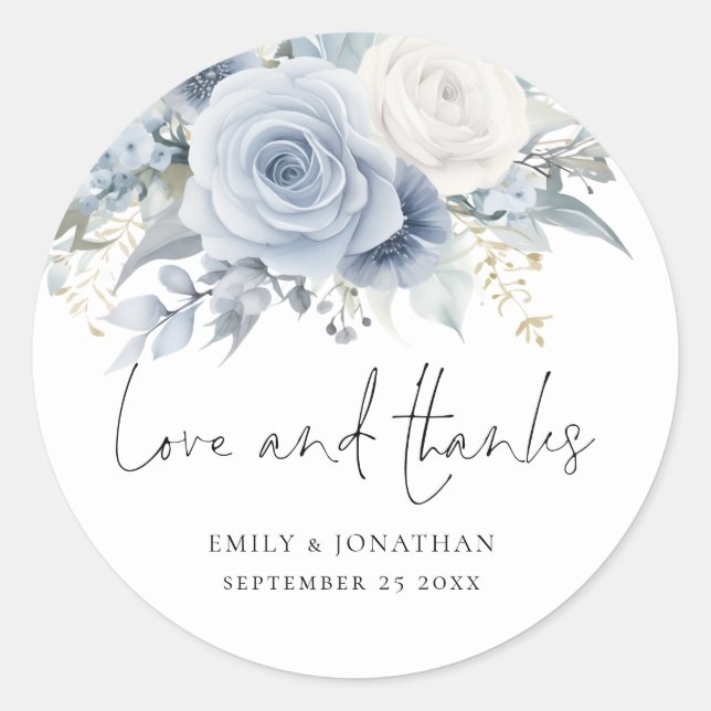 Sticker Rond Dusty Blue Florals Aimer Merci Mariage (Devant)
