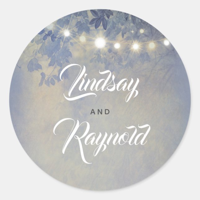 Sticker Rond Dusty Blue Garden String Lumières Dreamy Mariage (Devant)