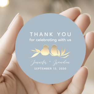 Sticker Rond Dusty Blue Gold Lovebirds Merci