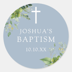 Sticker Rond Dusty Blue Greenery Baptême Christening Favoriser