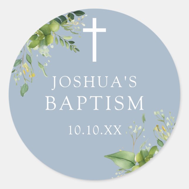 Sticker Rond Dusty Blue Greenery Baptême Christening Favoriser (Devant)