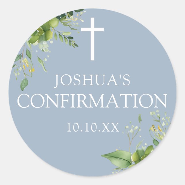 Sticker Rond Dusty Blue Greenery Floral Confirmation Favoriser (Devant)