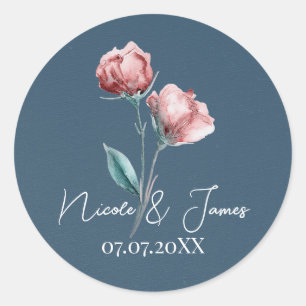 Sticker Rond Dusty Blue Grey Moderne Aquarelle Mariage Floral