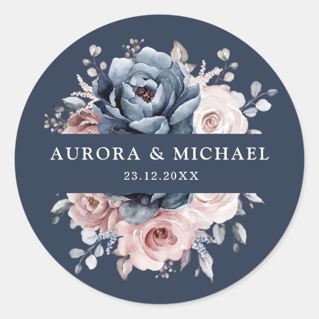 Sticker Rond Dusty Blue Mauve Rose rose ardoise Mariage floral  (Devant)