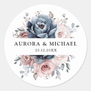 Sticker Rond Dusty Blue Mauve Rose rose ardoise Mariage floral