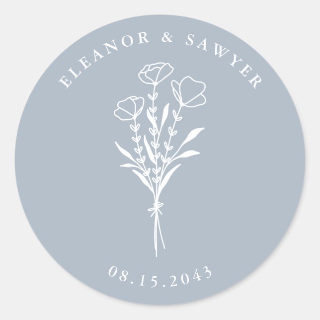 Sticker Rond Dusty Blue Minimalist Floral Bouquet Mariage (Devant)