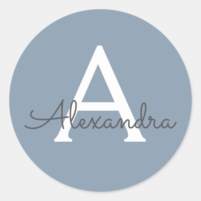 Sticker Rond Dusty Blue minimaliste moderne Monogramme élégant (Devant)