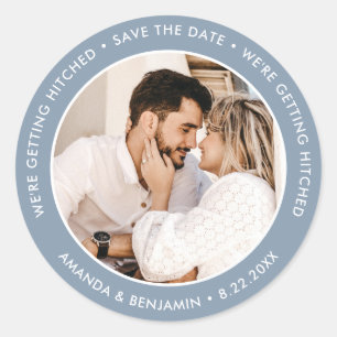 Sticker Rond Dusty Blue Modern Mariage Photo Enregistrer La Dat